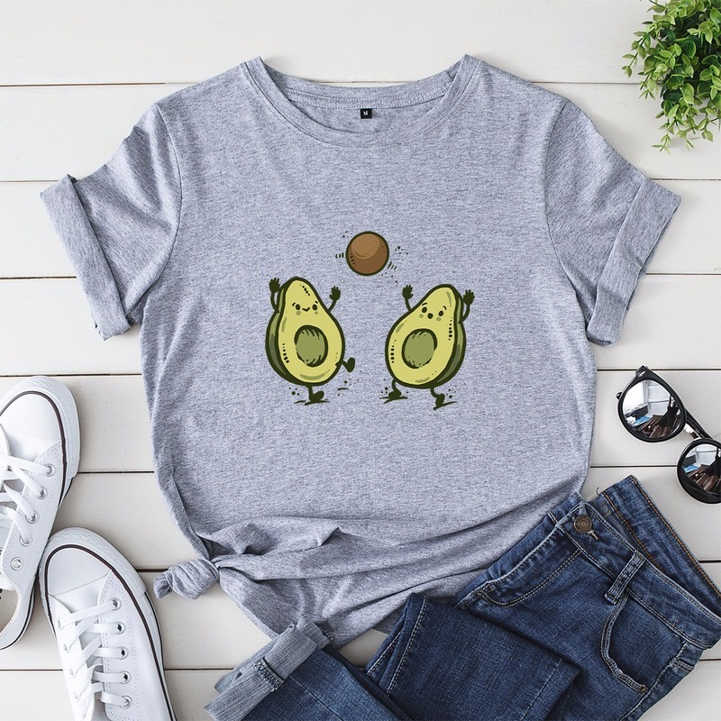 JCGO Summer Cotton T Shirt Women Plus Size S-5XL Funny Avocado Print O-Neck Short Sleeve Simple TShirts Casual Ladies Tee Tops 210406