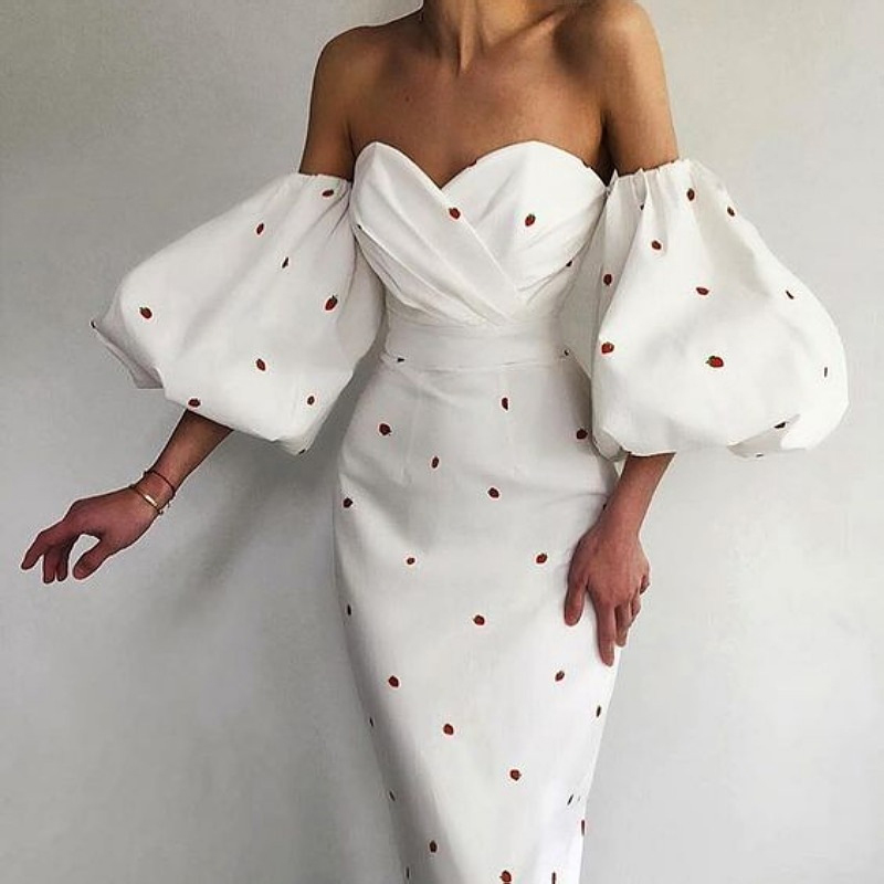 Solid Flower Print Off Shoulder Ruched Bodycon Women's Midi Dress Sexy Slim Long Puff Sleeve Elegant Dresses For New Year 210409