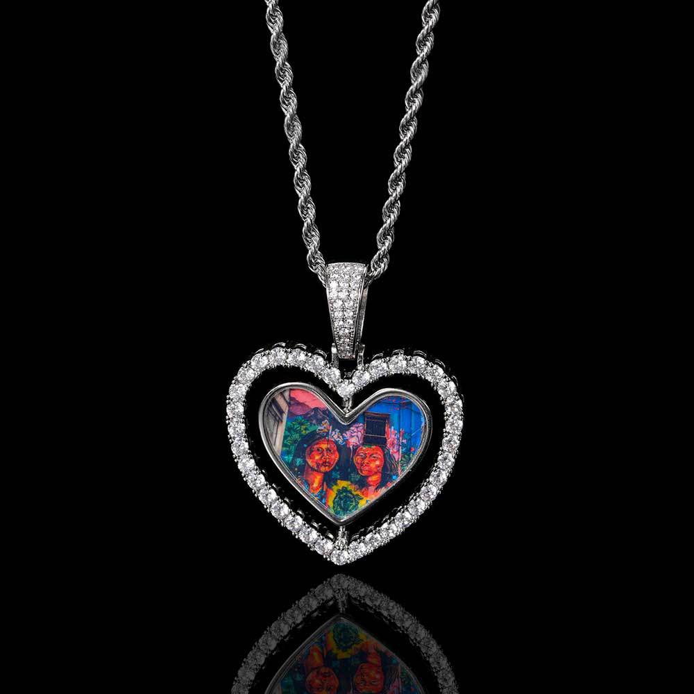 Customize Lover Heart Memorial Photo Pendant Necklace Rotatable Double Sides
