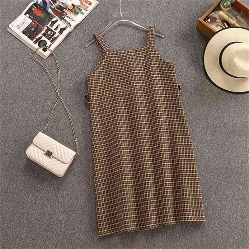 Autumn Winter Woman Long Sleeves Knitted T-shirt + Tweed Blend Plaid Dress 2 pcs sets Female Outfits Free Belt 210506