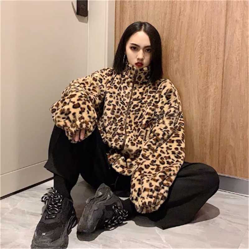 Leopard Print Loose Plush Casual Women'S Jacket Korean Style Autumn Winter Clothing Thick Warm Zipper Sweatshirt Female Coat 210619wtt