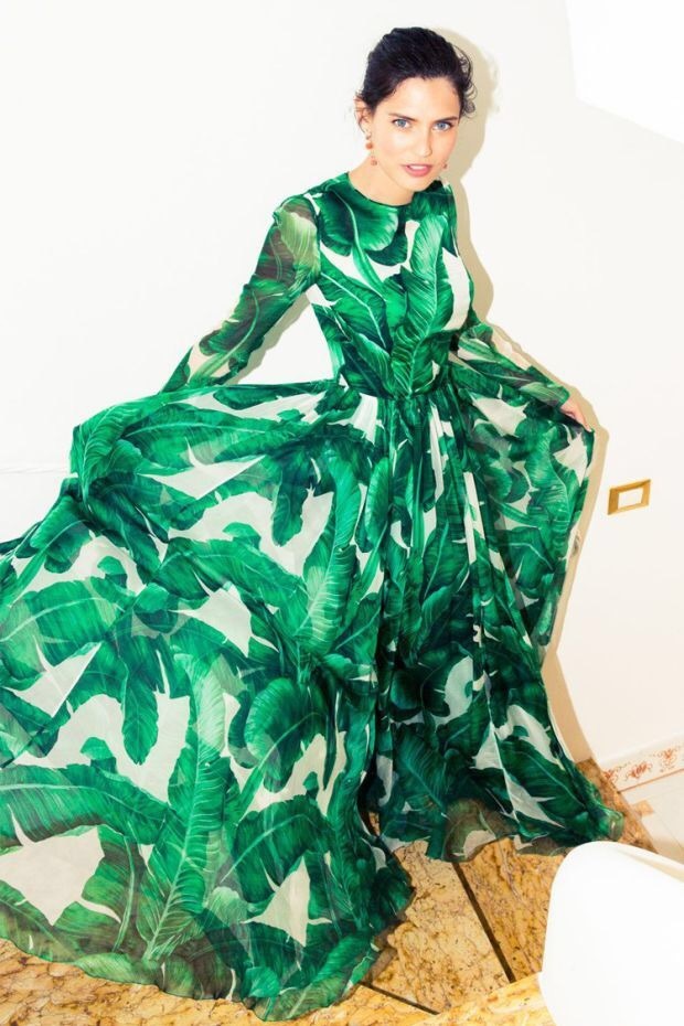 Summer Vacation Bohemian Long Beach Dresses Women Elegant Ruffles Sleeve Green Print Chiffon Maxi Dress Female 210421