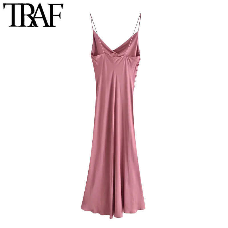 TRAF Women Chic Fashion With Buttons Side Slit Midi Camisole Dress Vintage Backless Thin Straps Female Dresses Mujer 210630