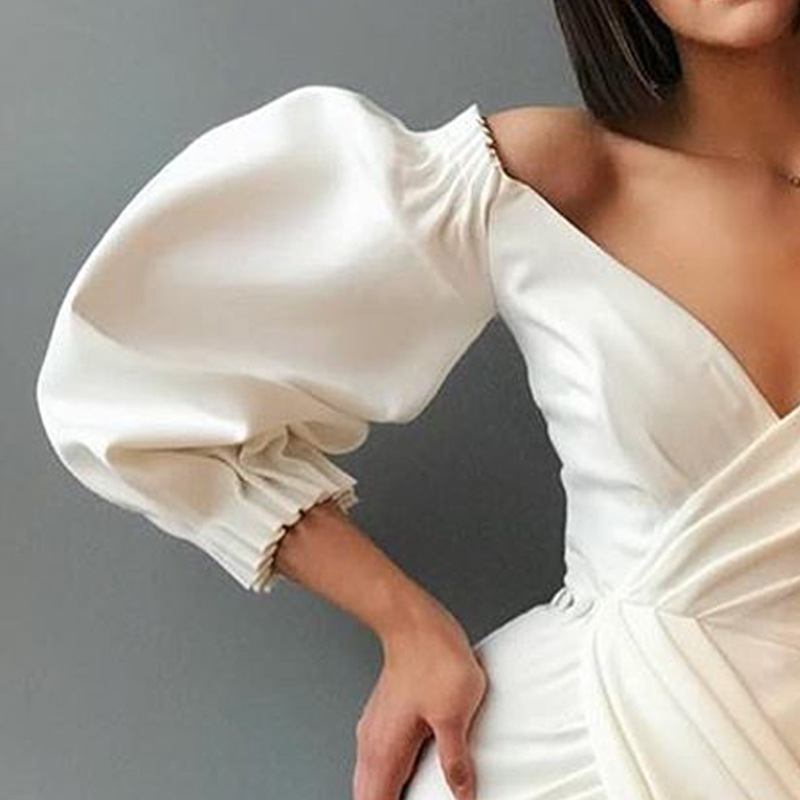 Women Dress V Neck Puff Sleeve White es Elegant Long es Short High Waist Split Sexy Autumn 210513