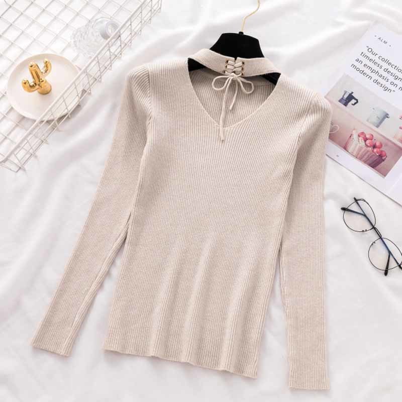 Stripes Knitted Jumper Women Solid Casual Sweaters Winter V-shaped Hollow Elegant Lace Up O-neck Pull Femme 11801 210508
