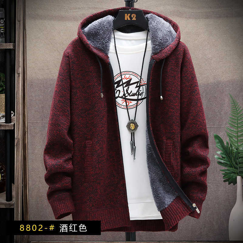 Fall and winter warm hooded sweater plus plush thickened sweater zipper cardigan thick casual jacket men's clothing 210929