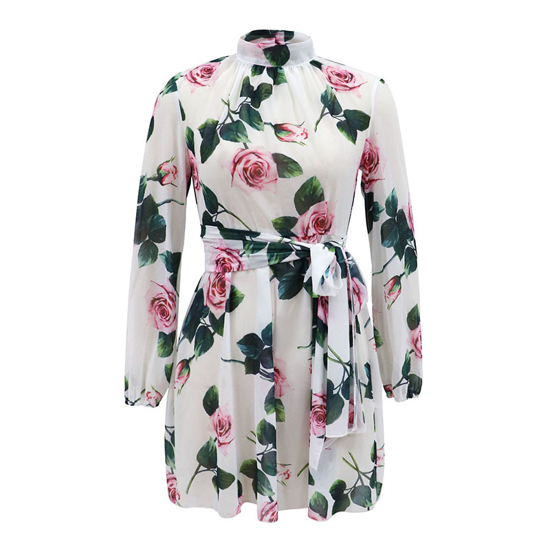 Women Chiffon Floral Dress Ladies Above Knee Mini Empire Beach Style Dresses High Waist Belt Vestido Turtle Neck Fashion Costume 210409