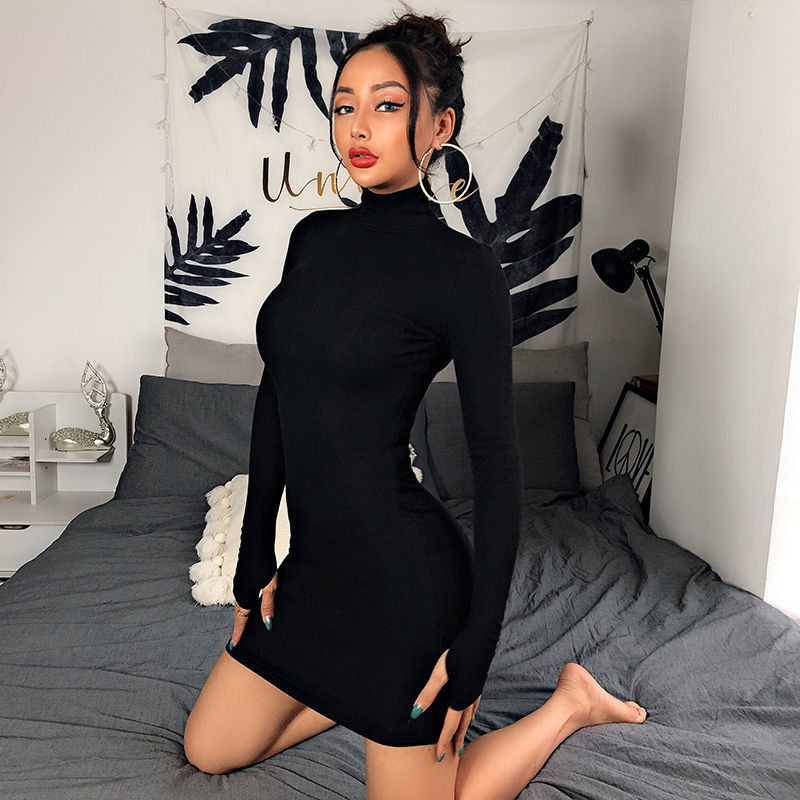 Turtleneck Long Sleeve Skinny Mini Dress Womens Autumn Sexy Bodycon Dresses Female Slim Yellow Package Hips Clubwear 210522