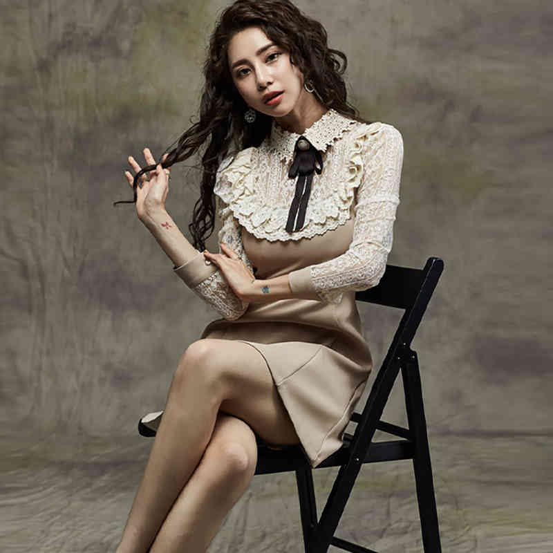 Women Fashion Temperament Slim Lapel Dress Lace Bow Patchwork Spring and Autumn Female es 210506