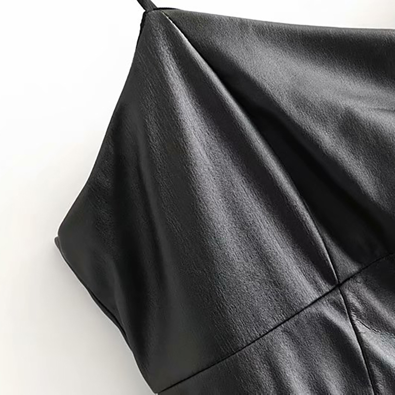 Black PU Leather Patchwork Mini Dress Women Spaghetti Strap Pleated Party es Sexy Sleeveless Backless Short 210508