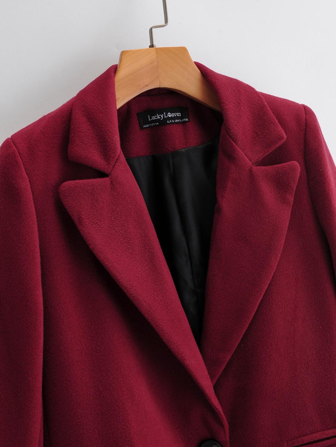 Winter Wine red Woolen Blends Coat one Button Notched Collar Long Sleeve Knee Length OL Trench Outerwear 210429