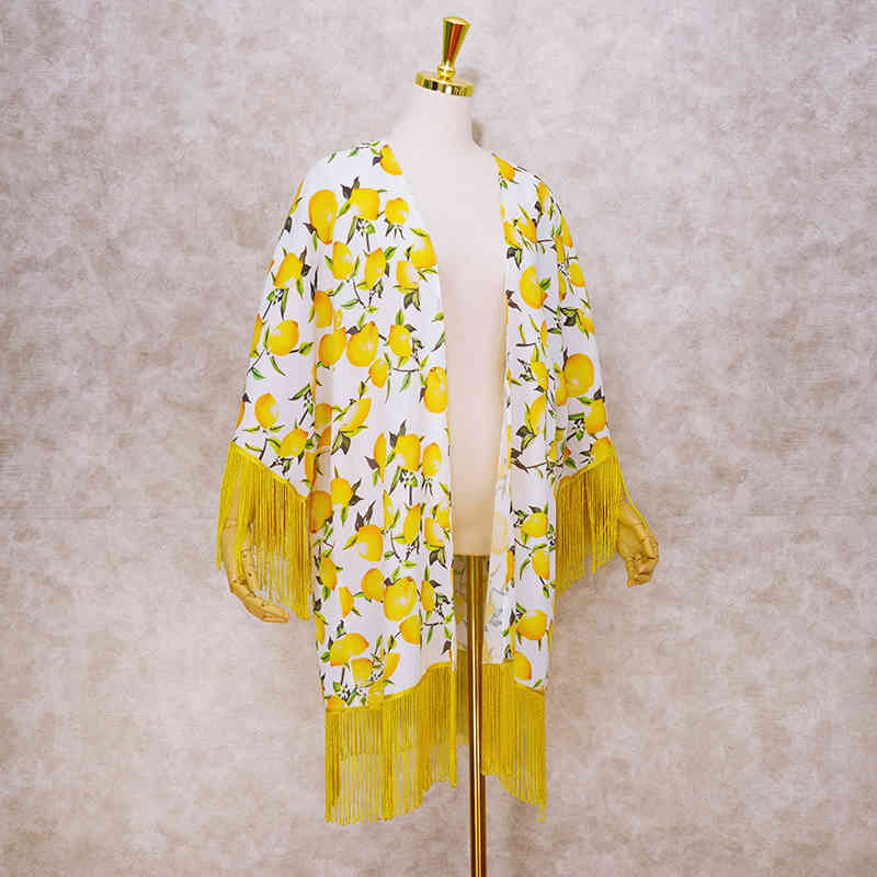 Boho Lemon Printed Fringed Chiffon Sexy Bikini Cover-ups Beach Wear Short Kimono Dress Women Summer Swimsuit Cover Up A801 210420