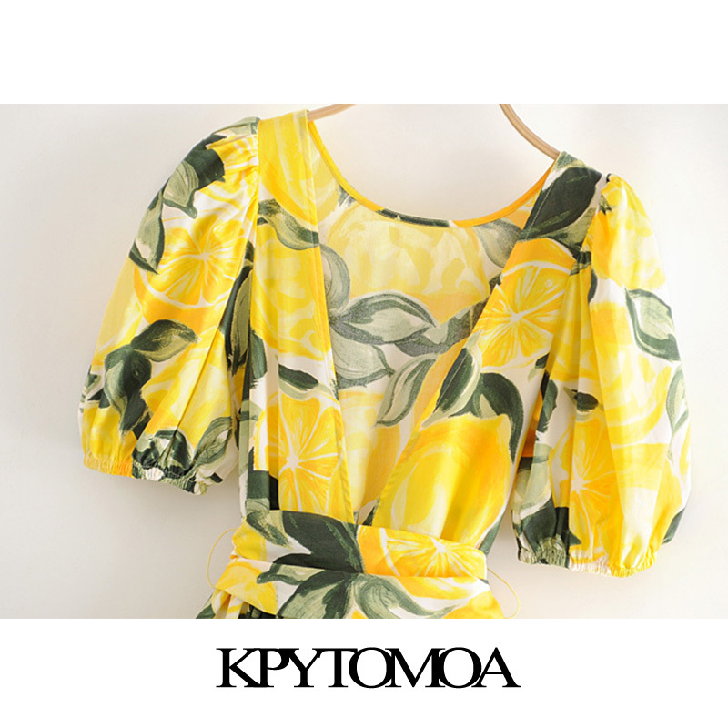 Women Chic Fashion Printed With Belt Mini Dress Backless Puff Sleeves Summer Female Dresses Vestidos Mujer 210420