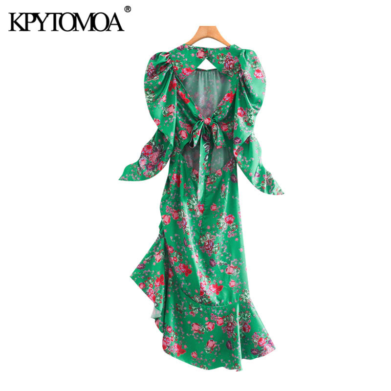 Women Fashion Floral Print Pleated Asymmetrical Midi Dress Backless Zipper Ruffled Female Dresses Mujer 210420