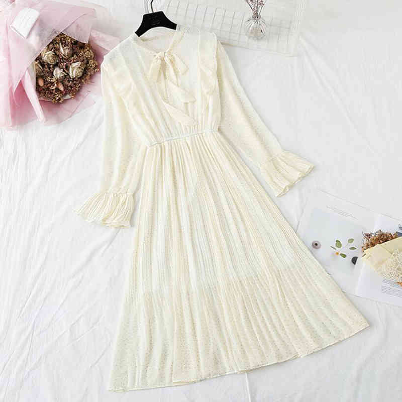 Spring Summer Women Print Pleated Chiffon Dress Fashion Female Casual Flare Sleeve Bow Vintage Basic Dresses 210521