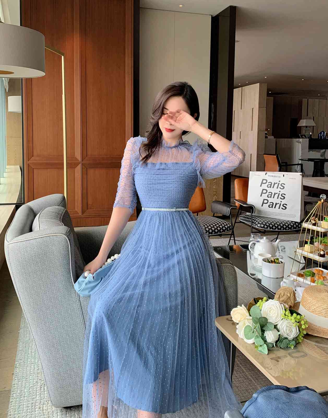 Summer Runway Polka Dot Mesh Dress Women Sexy See-Through Half Sleeve Diamonds Belt High Waist Long Pleated Dresses 210506