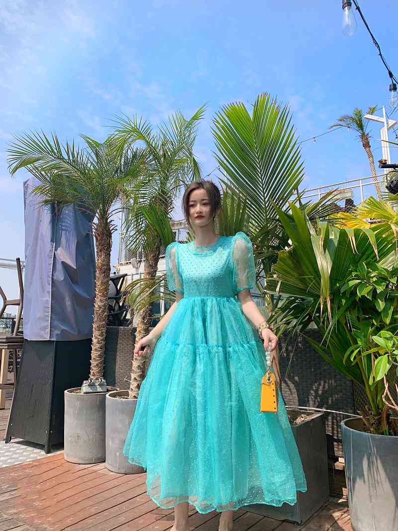 Summer Dress Vintage Women Sweet O-Neck Puff Sleeve Pleated Big Swing Fairy Party es 210519