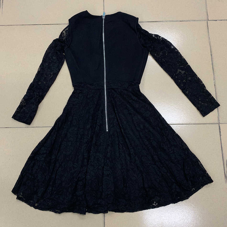 Summer Women'S Black Long-Sleeved Mini Lace Rayon Bandage Dress Sexy Hollow Club Star Party 210525