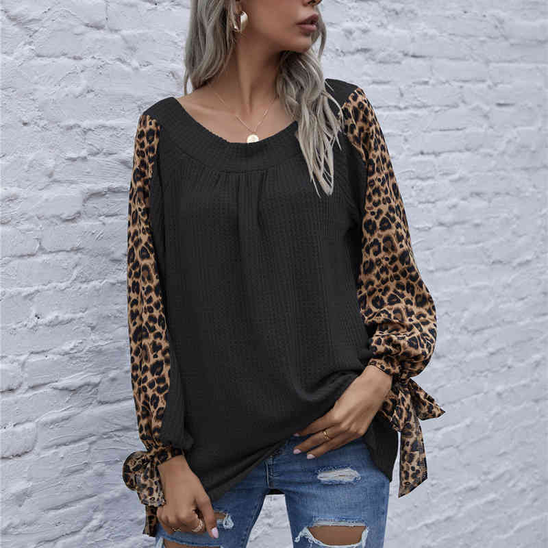 Plus Size Women Clothing Spring Autumn Ladies T-shirt Casual Sexy Splice Leopard Loose Long Sleeve Top woman tshirts 210515