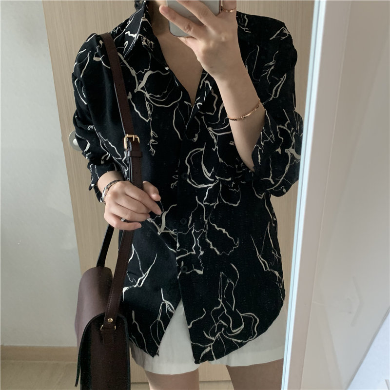 Korean Chic Sketch Flower Abstract Print Single Breasted Loose Long Sleeve Shirts Streetwear Office Lady Blouses 210421