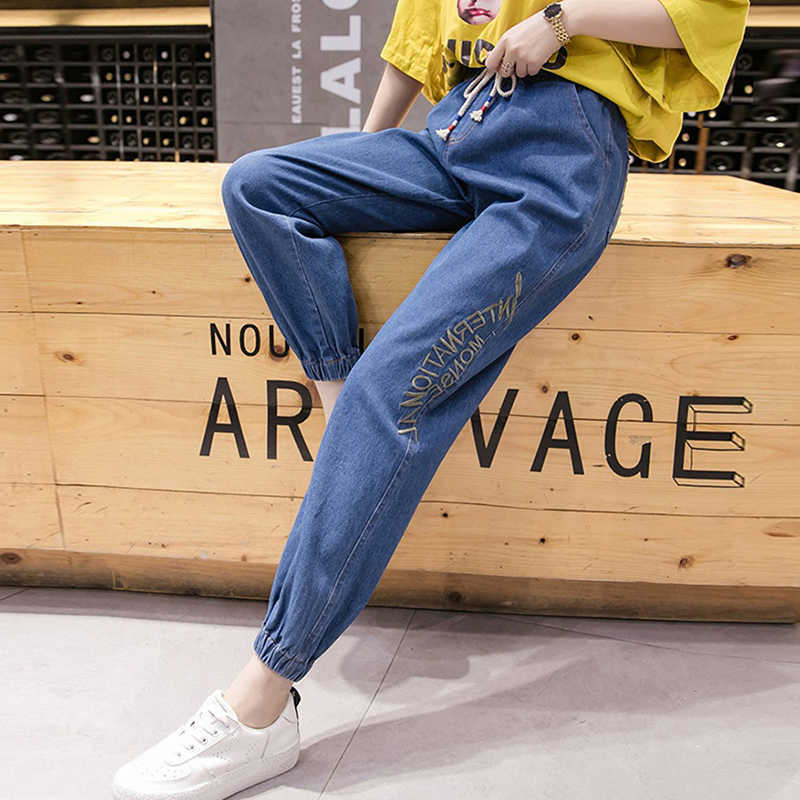Letter Embroidery Elastic High Waist Denim Ankle Banded Pant Casual Harem Large Size Fashion Trousers 210809
