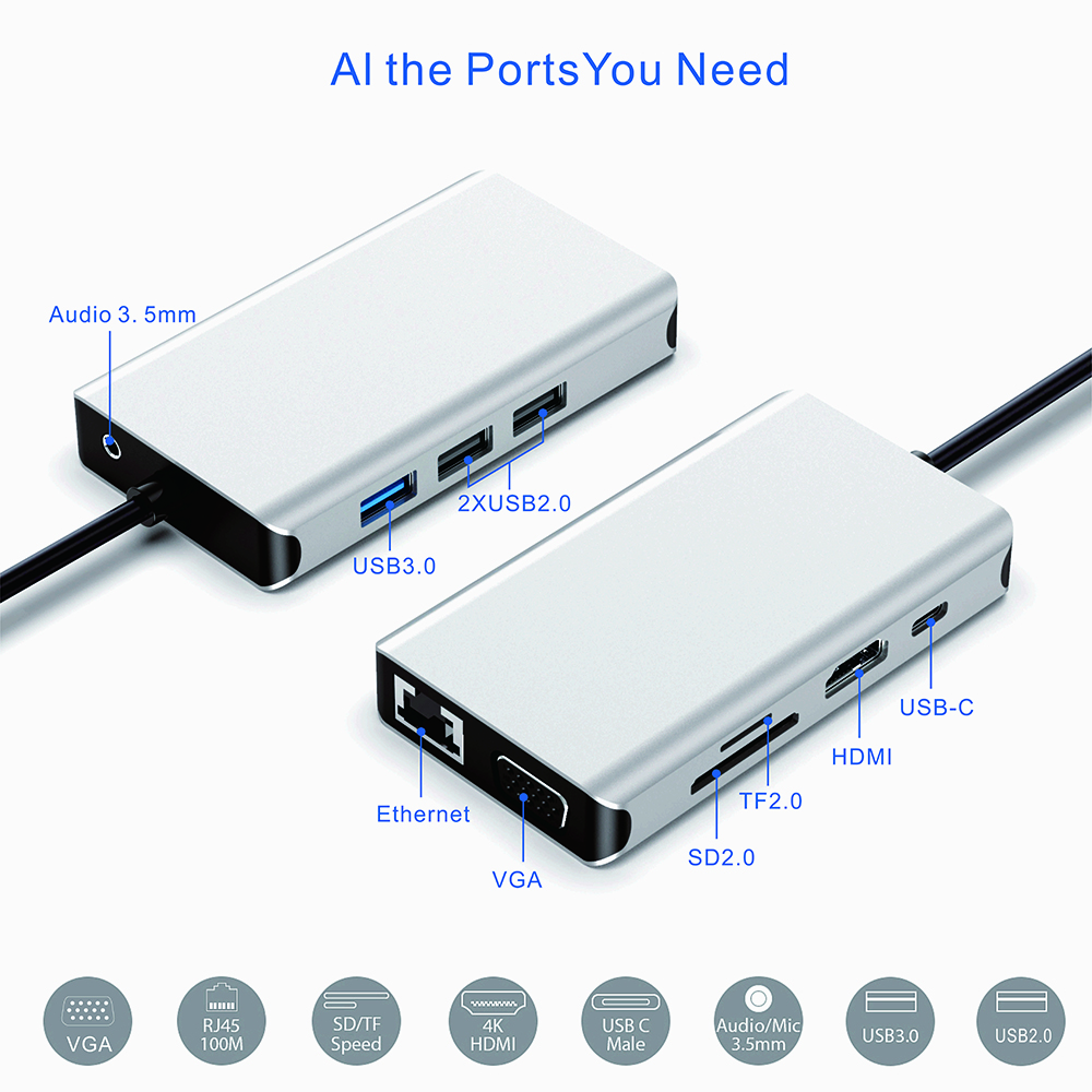 USB C Hub USB-C to RJ45 VGA HDMI Adapter 10 IN 1 Type-c SD/TF 3.5mm Audio Docking Station For Macbook Samsung Huawei