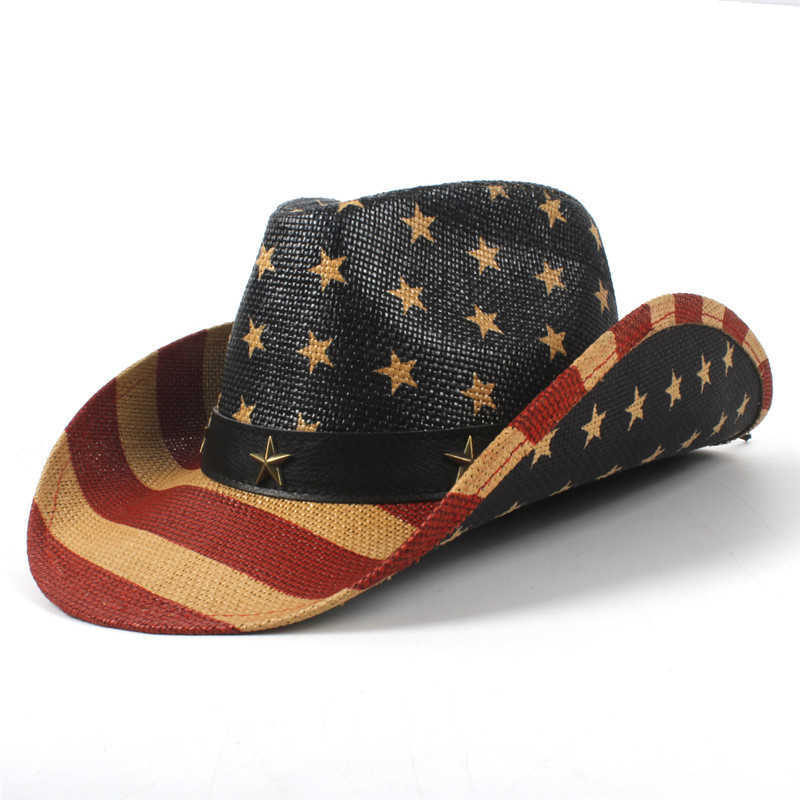 Summer Usa Flag Straw Cowboy Hats for Men and Women Western Sombrero Hombre Cowboy Caps with American Flag Sombreros De Mujer Q0805