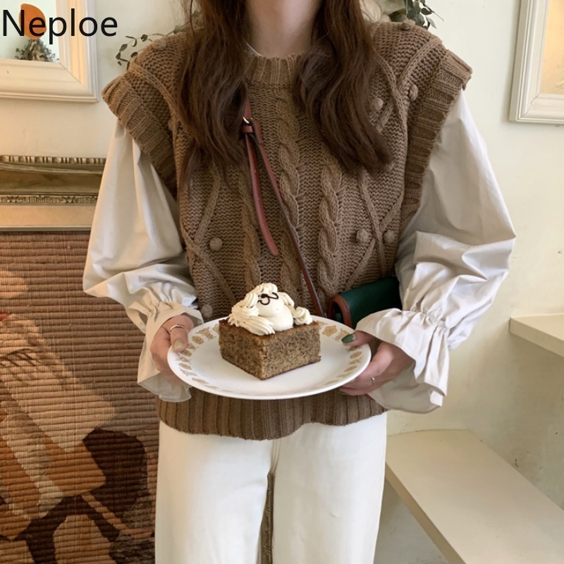 Neploe Fall Women Clothes Knitwear Sweater Vest Solid Shirt Loose Casual Knitted Pullovers Korean Fashion Female Tops 4F881 210422