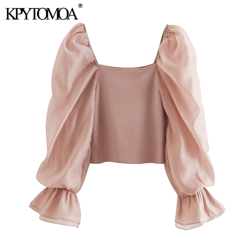 Women Sweet Fashion Patchwork Organza Knitted Blouses See Through Sleeve Stretch Female Shirts Chic Tops 210420