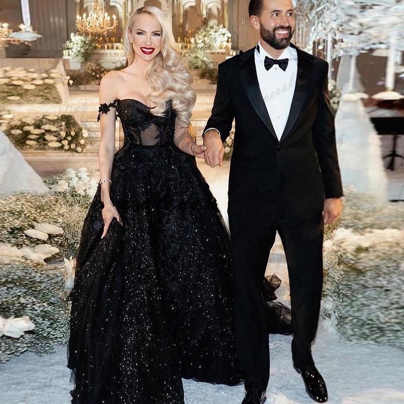 Black Elegant Gothic Sequined Plus Size A Line Wedding Illusion Off Shoulder Lace Appliques Formal Dress Bridal Gowns Cystom Made Robe De Mariee ppliq