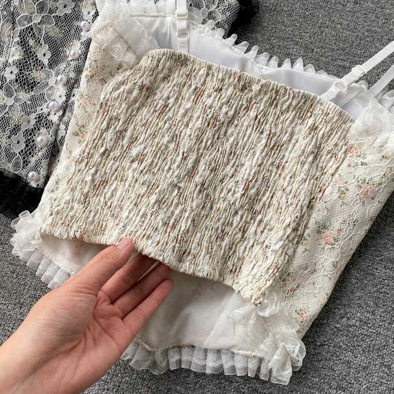 DEAT Women Lace Ruffles Pleated Printing Camis Arrivals Sexy Temperament Fashion Spring Summer 11D2011 210709