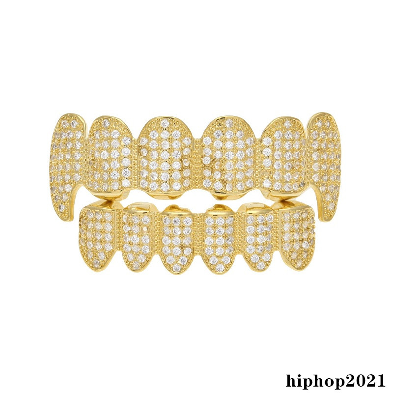 Rhinestone Top&Bottom Shiny Bling Iced Out Gold Teeth Grillz Set Hip Hop Jewelry