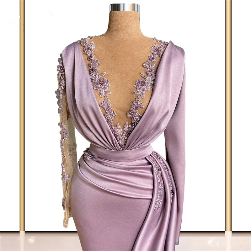 Purple Chic Evening Dresses Long Sleeves V Neck Elegant Women Arabic Formal Prom Gowns Robe De Mariée Custom Made Party Wear