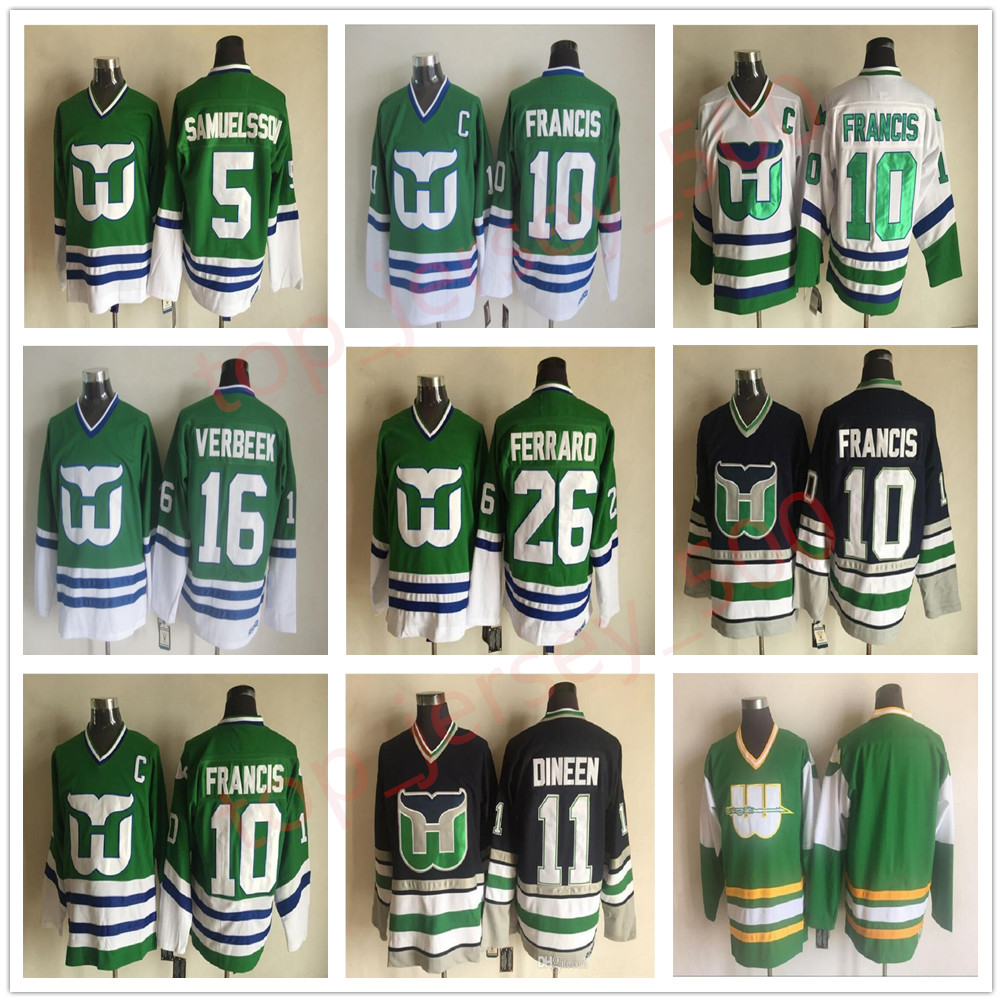 Hartford Whalers 10 Ron Francis 9 Gordie Howe 26 Ray Ferraro Ulf Samuelsson Dineen Verbeek Mike Liut Green White Ice Hockey Jerseys, As shown in illustration
Hartford Whalers 10 Ron Francis 9 Gordie Howe 26 Ray Ferraro Ulf Samuelsson Dineen Verbeek Mike Liut Green White Ice Hockey Jerseys, As shown in illustration