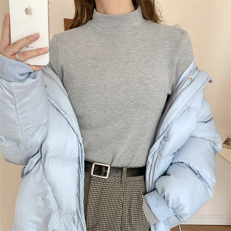 Full Sleeves Women Thick Turtleneck Basic Korean Autumn All Match Sexy Brief Tops Solid Loose Casual T-shirt 210421