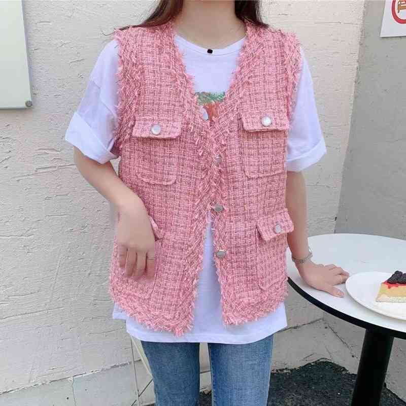 Autumn Women Tassel Tweed Vest Sleeveless Jacket Fashion Pocket V-Neck Coat Lady Loose Vests 210520
