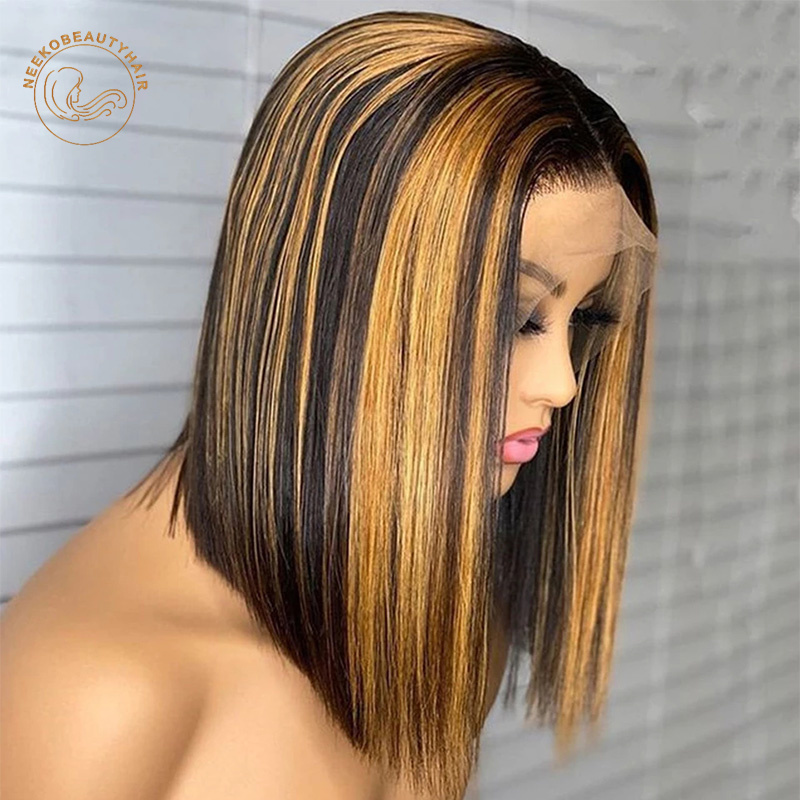 Free shipping Brazilian Highlight Wig Ombre Brown Honey Blonde Short Bob Lace Front Human Hair Synthetic Straight Wigs For Women