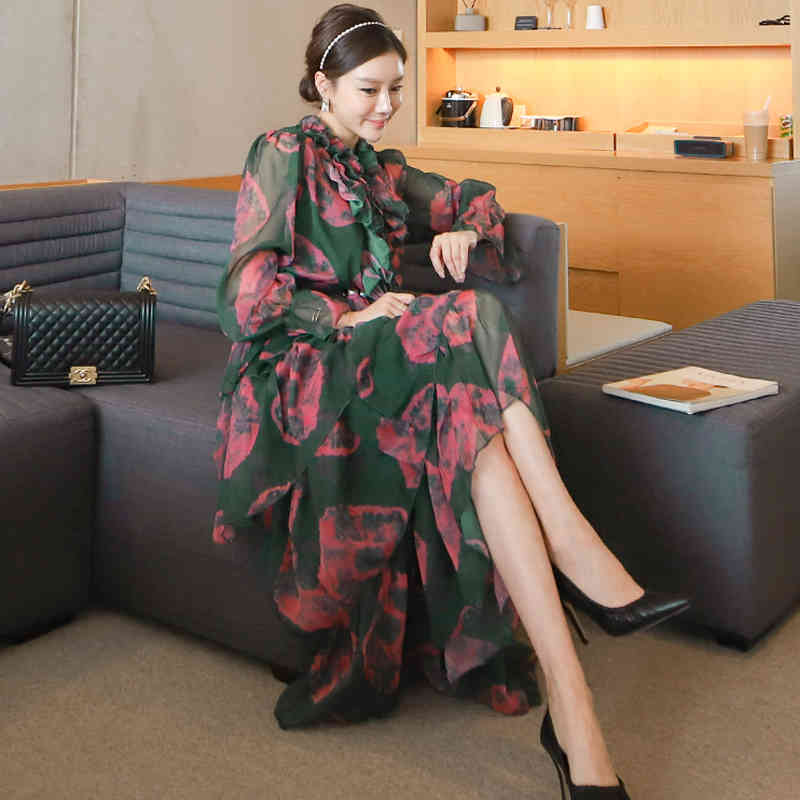 Summer Korean Long Dresses Ruffled Chiffon Print Cake Dress Lady Evening Party Sexy Beach Holiday Vestidos 210506