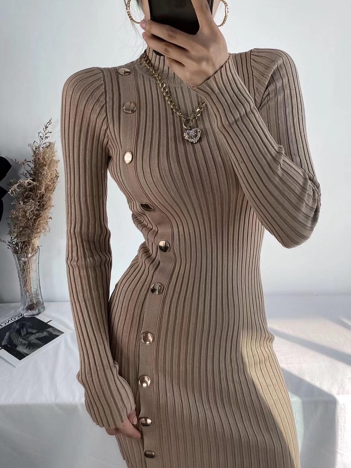 Vintage Rib Knitting Bodycon Mid-calf Sexy Dress Retro Women Side Buttons Stand Color Stretch Split Long Sleeve Dresses 210429