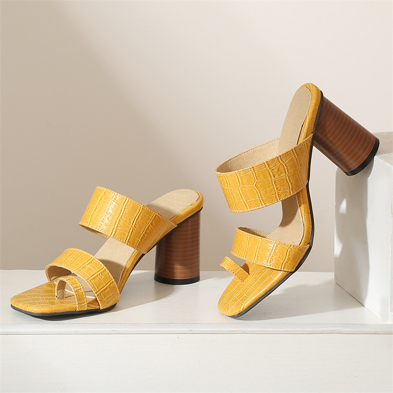 Slippers Women Flip Flops High Heels Slides Square Toe Thick Shoes Lady Summer Sandals Female Yellow Black Size 12 210517