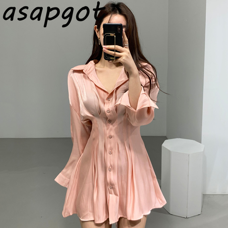 Korean Chic Elegant Slim Luster Waist Pleated Back Lace Up Shirt Dress Women Mini Lapel Single Breasted Solid Vestido Feminino 210429