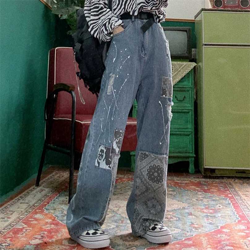 Street hip hop womens plus size jeans handsome retro womens high waist wide leg pants jeans BF loose wild straight leg jean 211112
