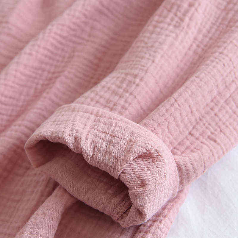 Japanese Simple Spring And Autumn Ladies Pajamas Two-piece Long-sleeved Trousers 100% Cotton Crepe Round Neck Home Service Set 211118