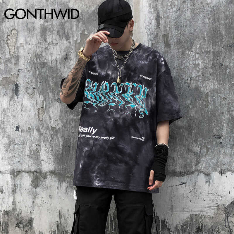 GONTHWID Creative Letters Print Tie Dye Streetwear Tshirts Men Hip Hop Harajuku Short Sleeve Tees Tops Summer Casual Shirts 210629