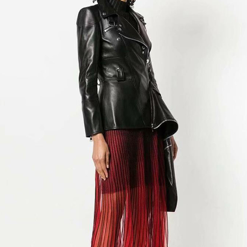 Elegant women's autumn irregular locomotive pu leather short jacket long sleeve black color female jacket 210507