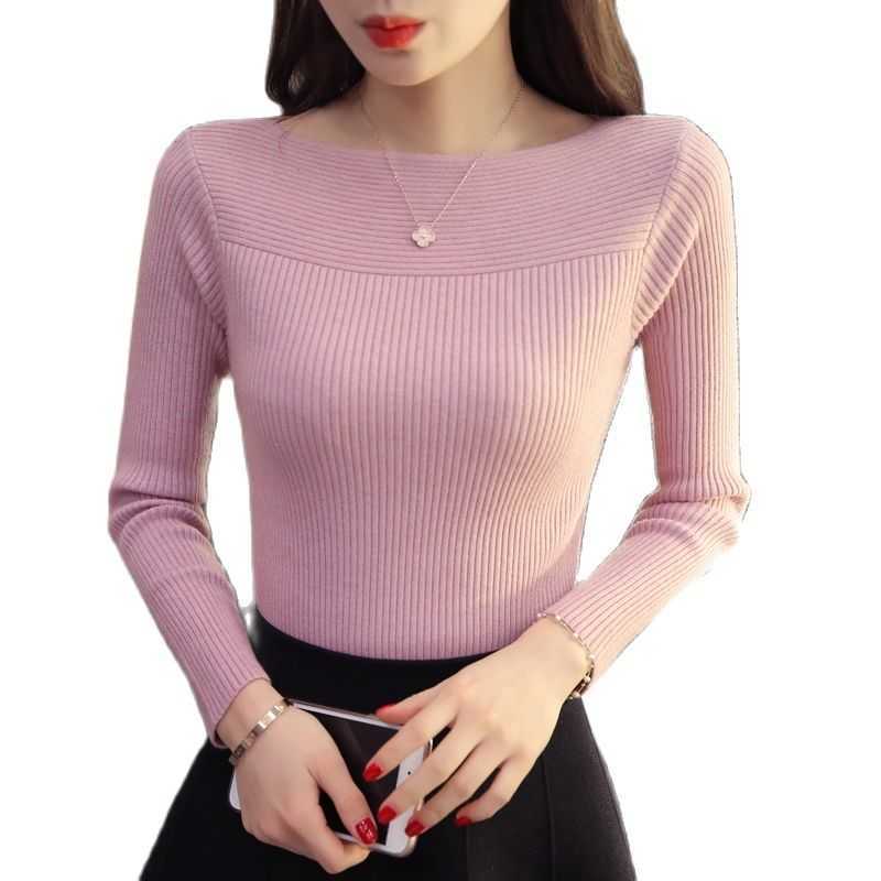 Autumn And Winter Korean women collar sweater all-match long sleeved shirt slim one-neck female thread tight Pullover 211011Z