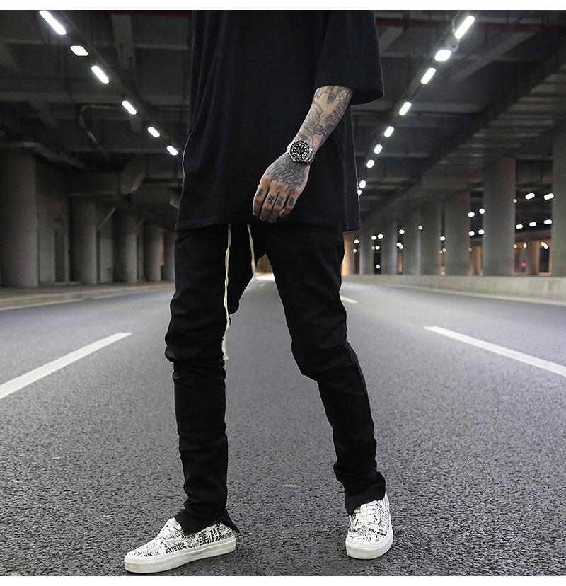 The Same Drawstring Lengthened Black All-match Zipper Slim Stretch Foot Pants High Street Fashion Brand Casual Men's