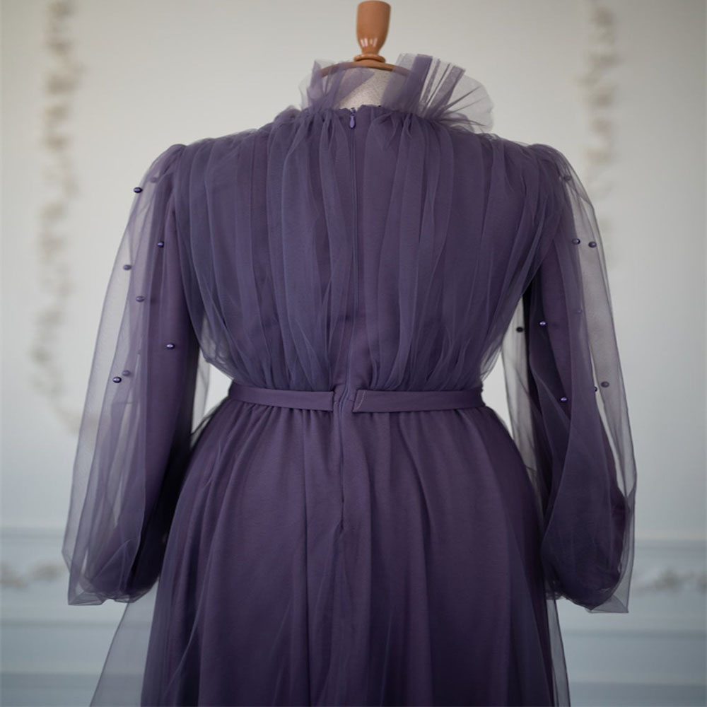 Elegant Purple White Muslim Evening Dress In Dubai High Neck Tulle Arabic Prom Gowns With Beaded Puff Sleeve Women Formal Party Wear abendkleider Mari