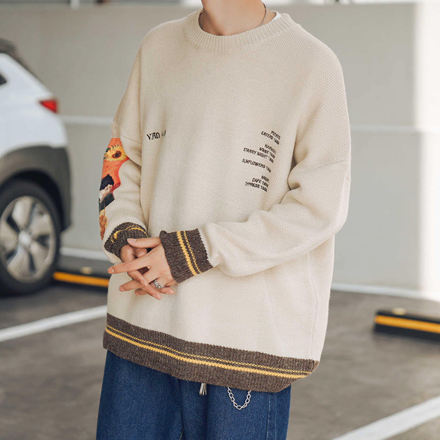 Hip Hop Fashion Sweater Pullover Men Van Gogh Painting Embroidery Knitted Sweater Harajuku Male Streetwear Tops Casual Pullover 210818