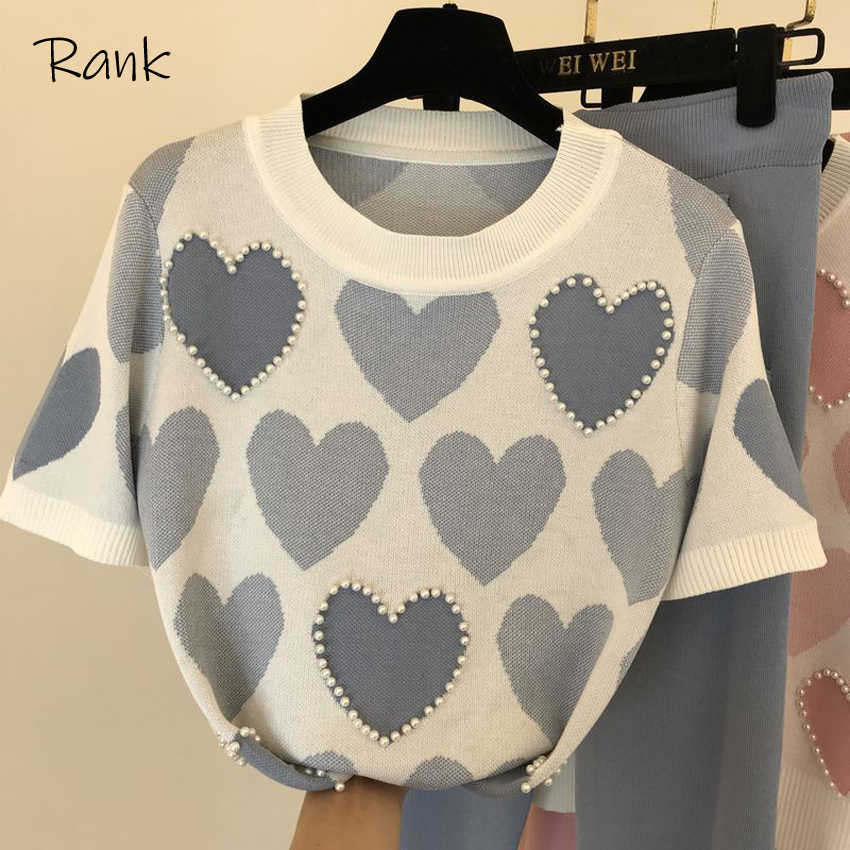 2 Piece Set Women Knit Outfits Heart Beading Round Neck Sweater Long Sleeve Pants Set Female Casual Elastic Harem Pants Top Sets Y0625